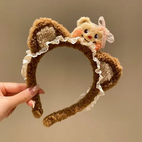 Bandeau en Peluche Ours Mignon Cerceau de Maquillage Fille Douce Volants en Dentelle Bande de Cheveux Accessoires de Cheveux de Lavage de Visage pour Femmes et Enfants