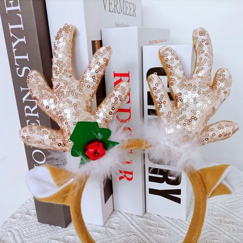 Bandeau De Bois De Cerf De Renne De Noël Avec Cloche En Peluche Sequins Anneau De Cheveux Festif Accessoires De Cheveux De Fête De Vacances Pour Femmes