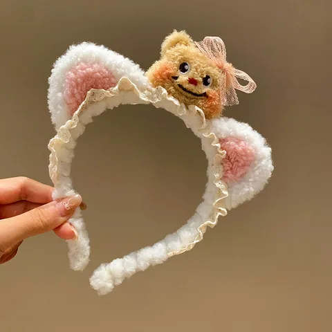 Bandeau en Peluche Ours Mignon Cerceau de Maquillage Fille Douce Volants en Dentelle Bande de Cheveux Accessoires de Cheveux de Lavage de Visage pour Femmes et Enfants