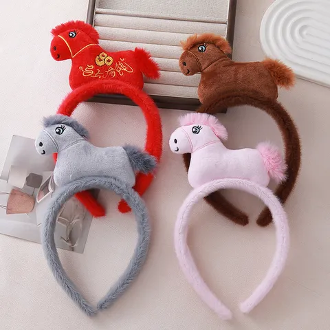 Nouvel An Rouge Peluche Dessin Animé Cheval Bandeau Mignon Animal Tête Cerceau Fête du Printemps Fête Accessoires De Cheveux Pour Femmes