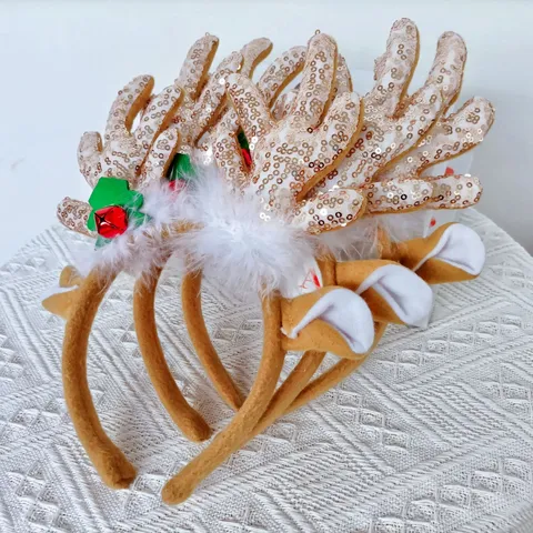 Bandeau De Bois De Cerf De Renne De Noël Avec Cloche En Peluche Sequins Anneau De Cheveux Festif Accessoires De Cheveux De Fête De Vacances Pour Femmes