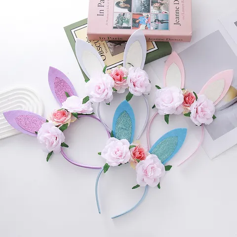 Serre-tête Mignon Oreilles de Lapin de Pâques Avec Fleur de Rose Anneau de Cheveux Accessoires de Fête pour Enfants