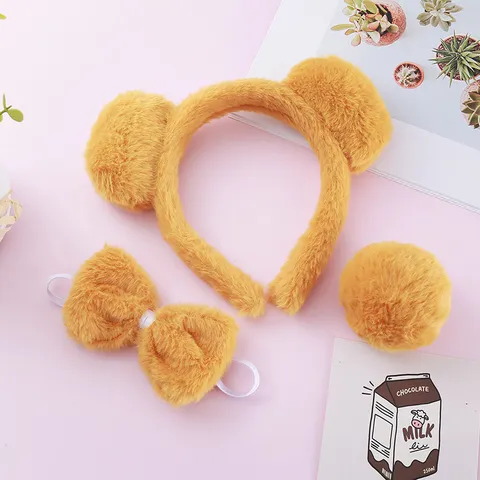 Cute Cartoon Bear Animal Ear Headband Plush Tail Bow Set Halloween Party Hair Accessories Yellow