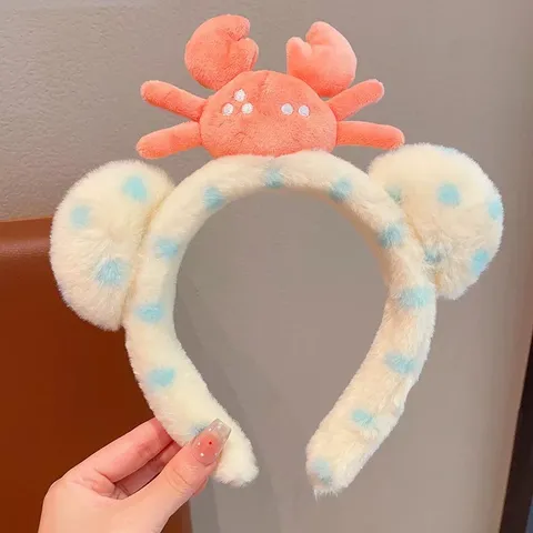 Bandeau de Cheveux en Peluche Motif Dessin Animé Animal Fruit Mignon Requin Crabe Cerise Serre-tête Maquillage Visage