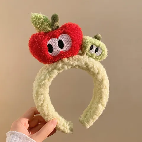 Mignon Bandeau Cheveux Peluche Pomme Dessin Animé Doux Fruit Accessoires Cheveux Lavage Visage Doux Pour Femmes Et Enfants