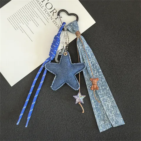 Porte-Clés Tressé en Denim Style Créatif Cœur Pentagramme Mignon Pendentif Ours Ins Tendance Ornement Suspendu pour Sac