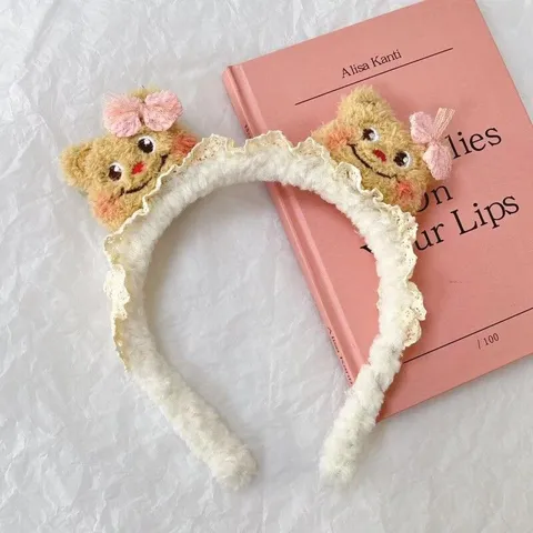 Serre-tête Mignon Ours Dessin Animé Doux Peluche Dentelle Nœud Bande Anti-Dérapant Lavage Visage Accessoires Cheveux Femme