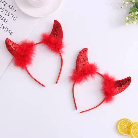Halloween Bandeau Corne de Taureau Rouge Paillettes Plume Cerceau de Cheveux Accessoires de Fête