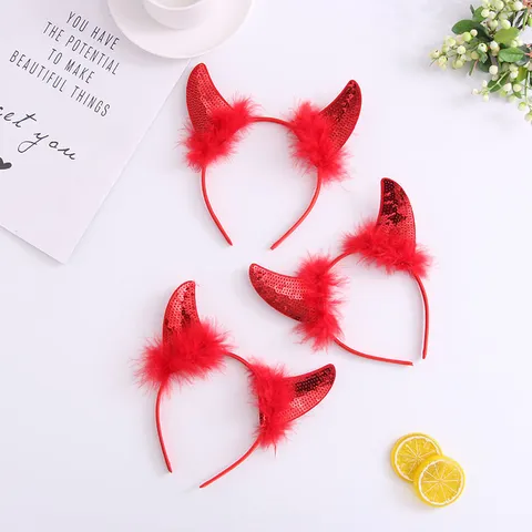 Halloween Bandeau Corne de Taureau Rouge Paillettes Plume Cerceau de Cheveux Accessoires de Fête