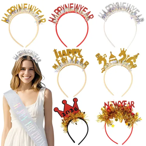 Bandeau du Nouvel An Paillettes Brillantes Pompons Lettre Bonne Année Cerceau de Cheveux Fête Festif Photo Accessoires de Cheveux