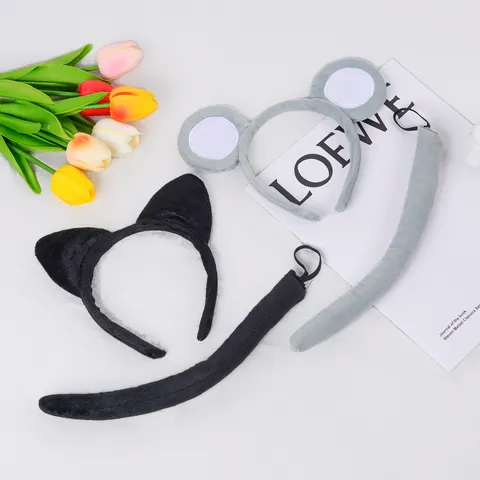 Ensemble Serre-tête et Queue d'Oreille de Chat Souris en Peluche Costume de Cosplay de Fête d'Animal Accessoires de Cheveux pour Femmes