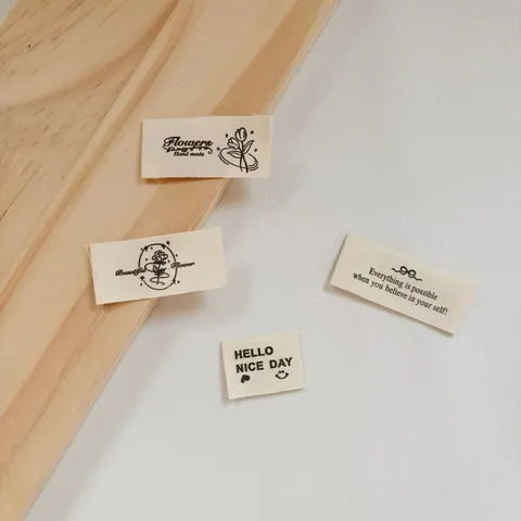 Handmade Woven Garment Labels Cute Bear Floral English Slogans Decorative Tags For Hats Scarves Bags