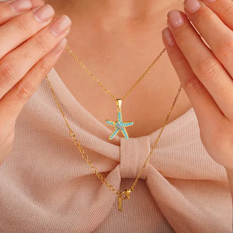 Mode Cuivre Turquoise Artificielle Strass Baleine Étoile de Mer Queue de Sirène Pendentif Collier Pour Femmes Bijoux Élégants