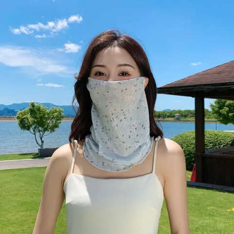 Women Summer Chiffon Sun Protection Face Mask Breathable UV Protection Neck Guard Floral Cycling Veil