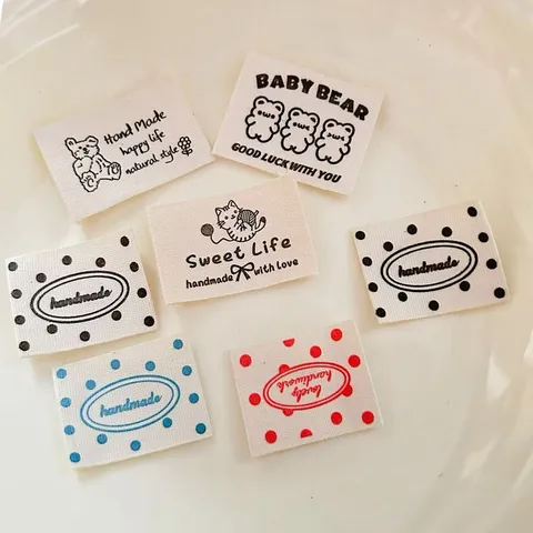 Polyester Garment Labels Handmade Polka Dot Bear Cat Print Fabric Tags DIY Sewing Accessories For Bags Clothes Hats