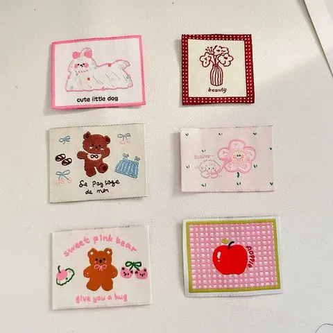 Cute Cartoon Woven Label Embroidery Patches Dog Bear Apple Vase Fabric Badges For Clothing DIY Sewing