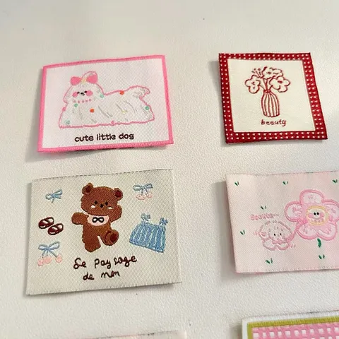 Cute Cartoon Woven Label Embroidery Patches Dog Bear Apple Vase Fabric Badges For Clothing DIY Sewing