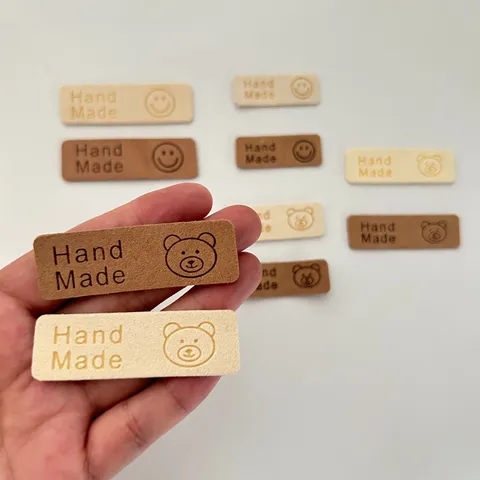 PU Leather Handmade Embossed Labels DIY Craft Tags Bear Smiley Patches For Hats Scarves Bags Clothing Accessories