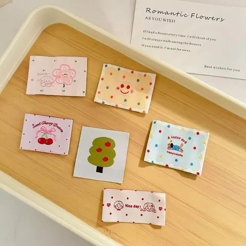 Korean Style Woven Label Cloth Patches Cute Cartoon Polka Dot Design Labels For Apparel Bags Handmade DIY Decoration