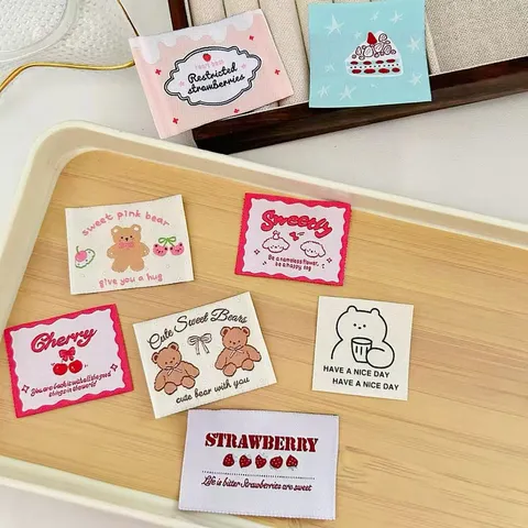 Korean Style Cute Embroidered Woven Label Patch DIY Clothing Bag Accessories Cartoon Bear Strawberry Cherry Applique