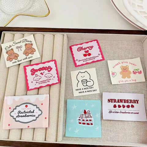 Korean Style Cute Embroidered Woven Label Patch DIY Clothing Bag Accessories Cartoon Bear Strawberry Cherry Applique