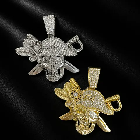 Men Hip Hop Pirate Skull Pendant Necklace Alloy Rhinestone Cuban Chain Trendy Rap Streetwear Jewelry