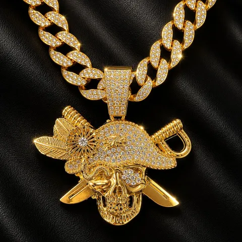 Men Hip Hop Pirate Skull Pendant Necklace Alloy Rhinestone Cuban Chain Trendy Rap Streetwear Jewelry
