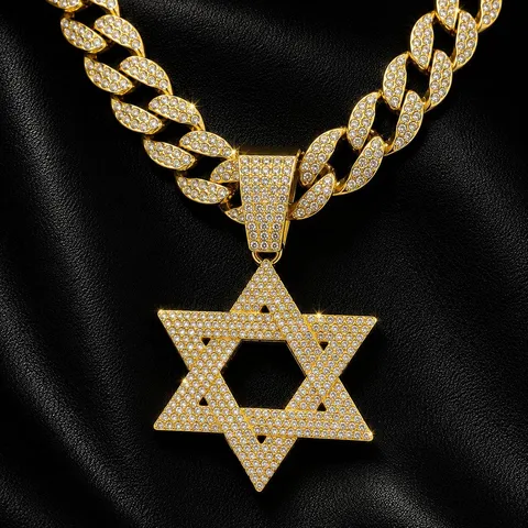 Hip Hop Uomo Lega Strass Esagramma Ciondolo Collana Oro Argento Placcato Catena Cubana Moda Gioielli