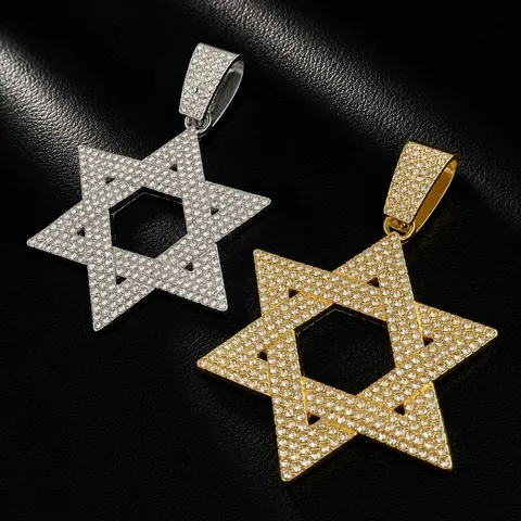 Hip Hop Uomo Lega Strass Esagramma Ciondolo Collana Oro Argento Placcato Catena Cubana Moda Gioielli