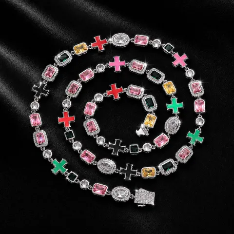 Hip Hop Heren Koper Zirkonia Kruis Hanger Halsketting Kleurrijke Edelsteen Ketting Luxe Mode Feest Sieraden