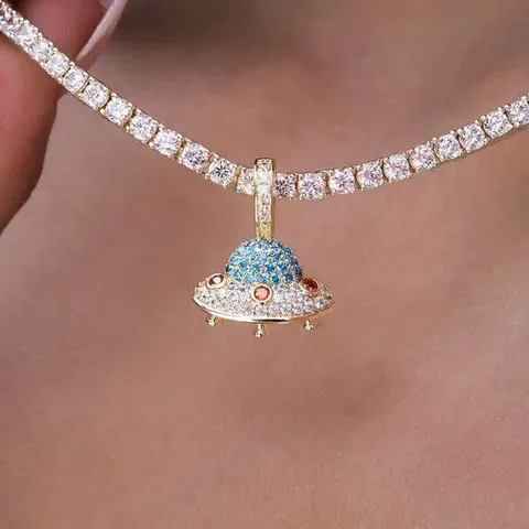 Hip Hop Heren Zinklegering Strass UFO Hanger Ketting Goud Zilver Verguld Mode Sieraden Cadeau
