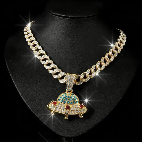 Hip Hop Heren Zinklegering Strass UFO Hanger Ketting Goud Zilver Verguld Mode Sieraden Cadeau