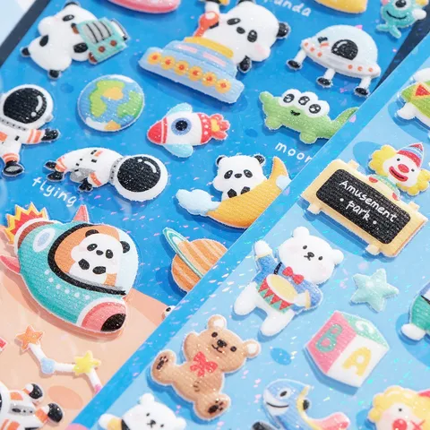 Pegatinas Decorativas de Espuma con Purpurina 3D Lindos Animales de Dibujos Animados Espacio Panda Circo Comida