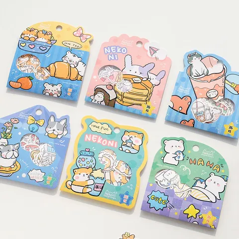 NEKONI Pegatinas Decorativas Lindas de Animales y Comida Dibujos Animados Conejo Oso Perro Diario Álbum Pegatinas