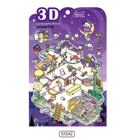 Pegatinas de Paisaje en Miniatura 3D Lindo DIY Casa de Té de la Tarde Cabaña de Noche Oscura Pegatina de Papelería de Diario