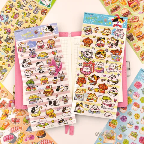 Pegatinas De Papel De Dibujos Animados Lindos Gatos Perros Letras Flores Comida Papelería Decorativa Estética Para Diario Scrapbooking DIY