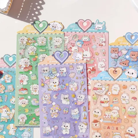 Pegatinas de Diario de Animales de Dibujos Animados Láser de PVC Impermeable Gato Perro Conejo Oso Oveja Cerdo Decorativas DIY