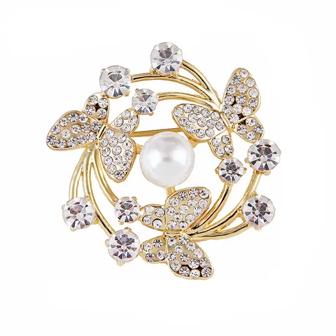 Elegant Butterfly Brooch Zinc Alloy Rhinestone Imitation Pearl Corsage Pin Fashion Jewelry Suit Dress Accessories