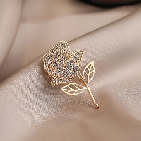 French Rose Flower Brooch Pin For Women Fashion Rhinestone Zinc Alloy Coat Collar Accessories Elegant Jewelry Gift