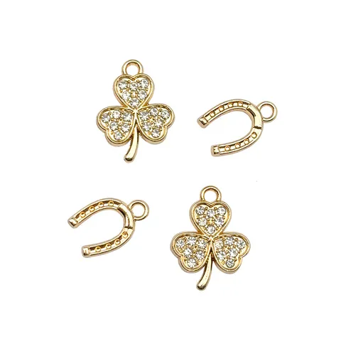 DIY Gold Plated Zinc Alloy Clover Horseshoe Charm Pendant Rhinestone Jewelry Making Accessories Craft Findings