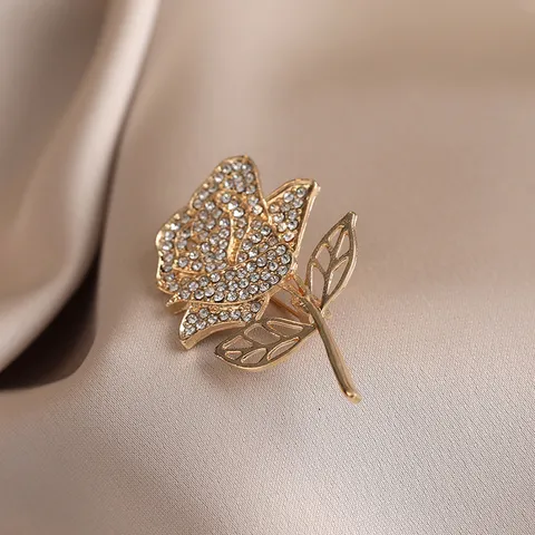 French Rose Flower Brooch Pin For Women Fashion Rhinestone Zinc Alloy Coat Collar Accessories Elegant Jewelry Gift