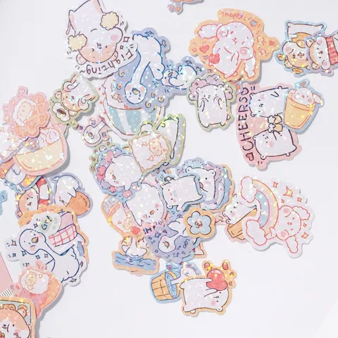 Conjunto de Pegatinas Láser de Animales Tiernos Dibujos Animados Oso Conejo Ganso Oveja Calcomanías Holográficas Para Scrapbooking Papelería DIY