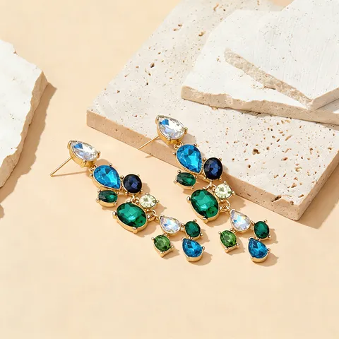 European American Retro Colorful Rhinestone Water Drop Pendant Earrings Fashion Alloy Long Drop Earrings For Women