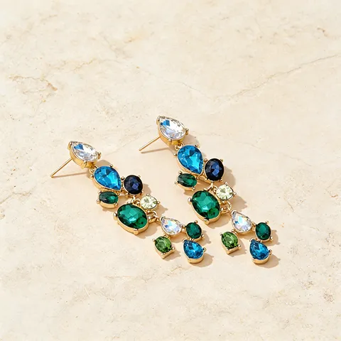 European American Retro Colorful Rhinestone Water Drop Pendant Earrings Fashion Alloy Long Drop Earrings For Women