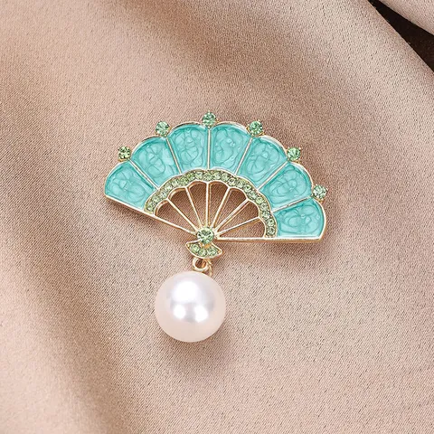 Nueva Broche de Abanico de Estilo Antiguo Chino Aleación de Zinc Strass Perla Artificial Elegante Pasador de Vestido Qipao Accesorios de Joyería
