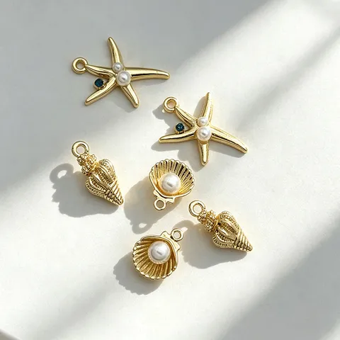 Ocean Vacation Style Shell Conch Starfish Pendant DIY Jewelry Accessories Alloy Rhinestone Artificial Pearl Charms