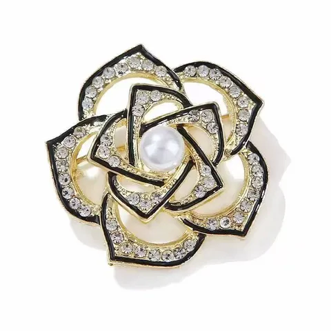 Vintage Camellia Brooch Pin Gold Black Alloy Rhinestone Artificial Pearl Elegant Suit Dress Accessories Jewelry