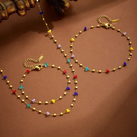 Minimalist Stainless Steel Colorful Bead Square Necklace Bracelet Set Gold Plated Fashion Jewelry Gift For Women