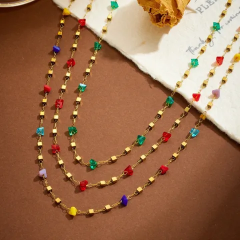 Minimalist Stainless Steel Colorful Bead Square Necklace Bracelet Set Gold Plated Fashion Jewelry Gift For Women