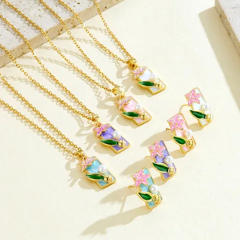 Chinese Style Painted Oil Painting Floral Artificial Pearl Enamel Square Pendant Necklace And Earrings Fashion Jewelry Set